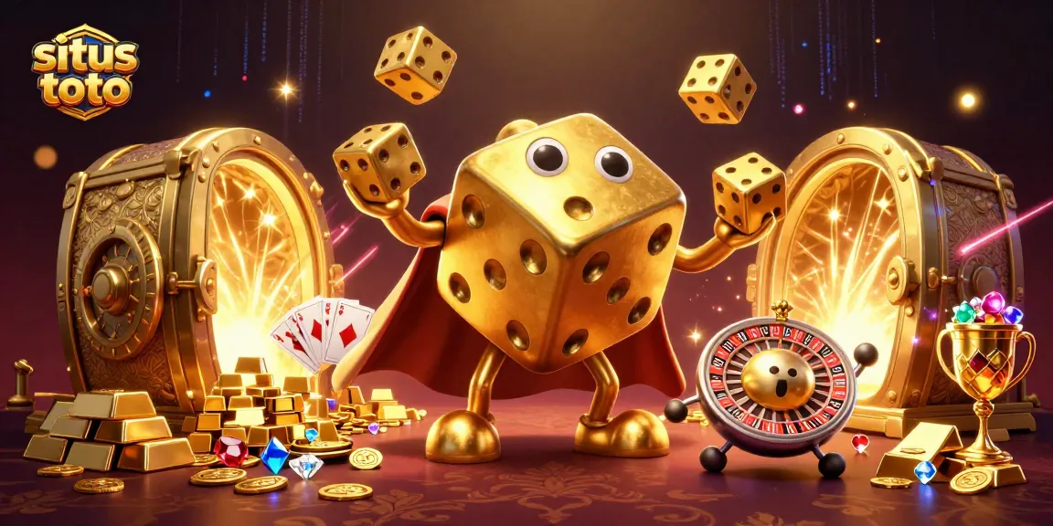 Experience situs toto with a vibrant casino scene featuring a juggling dice golem and treasure.