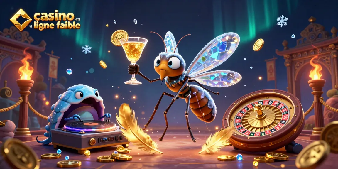 Casino en ligne fiable illustré par un moustique en ambre, un DJ trilobite, et une roulette aux effets scintillants.