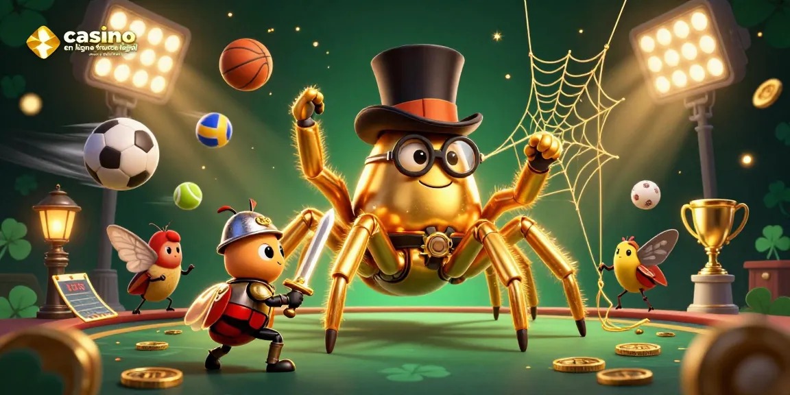 Illustration dynamique d'un casino en ligne France légal avec une tarentule dorée et un chevalier scarabée.
