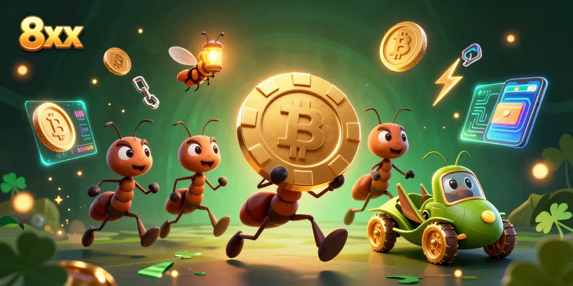 Experience thrilling gameplay at 8xx with cartoon ants heisting a giant poker chip in a vibrant casino world.