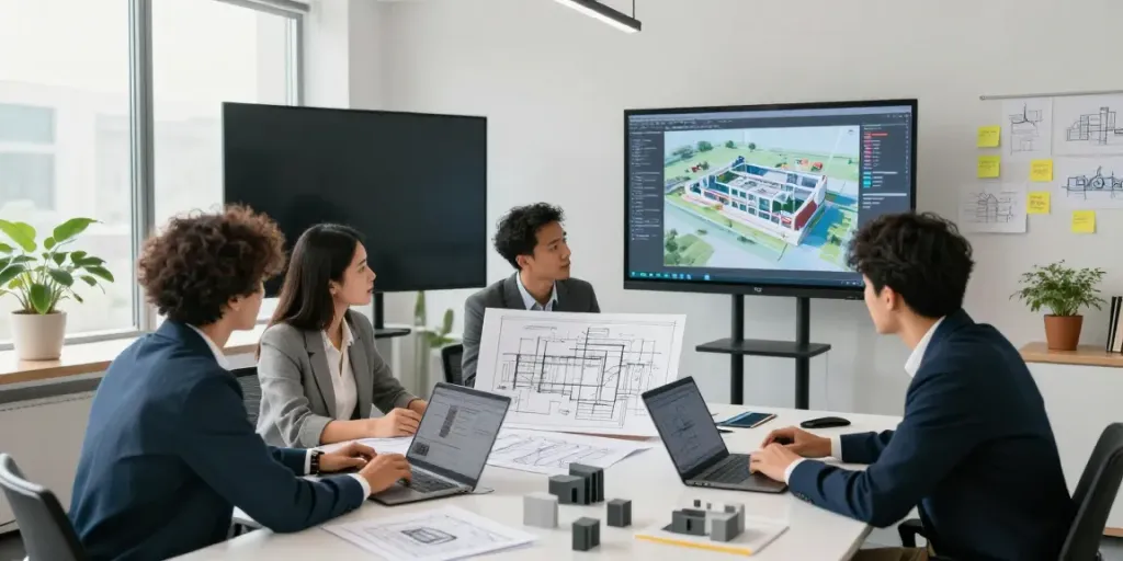BIM services collaboration in a vibrant office with diverse professionals examining digital architectural models.