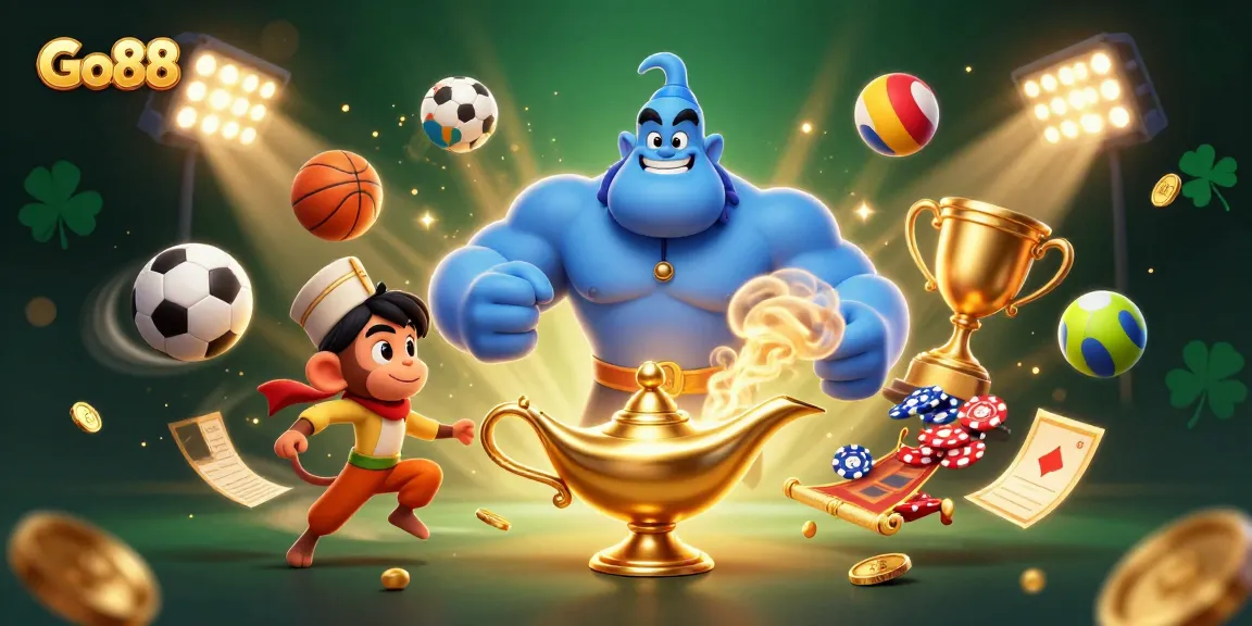 Engage with Go88 through a vibrant 3D illustration of a genie emerging from a lamp, surrounded by dynamic gaming elements.