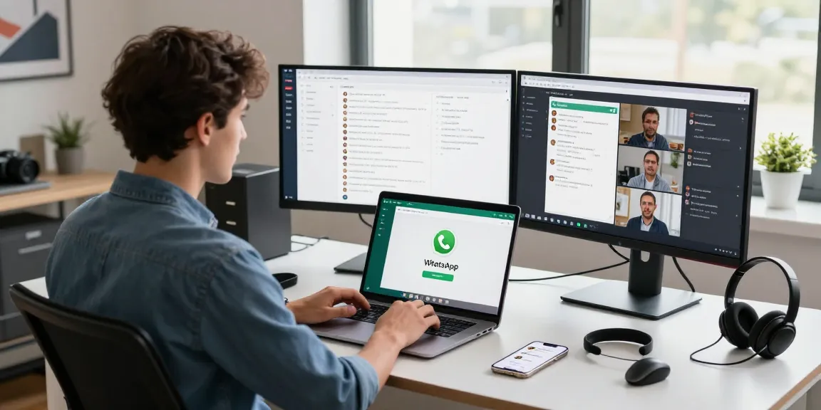 Professional workspace showcasing WhatsApp網頁版 on a laptop with natural lighting.