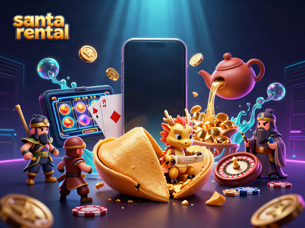 Experience a vibrant scene with a wise dragon and fortune cookie representing santa rental and casino excitement.