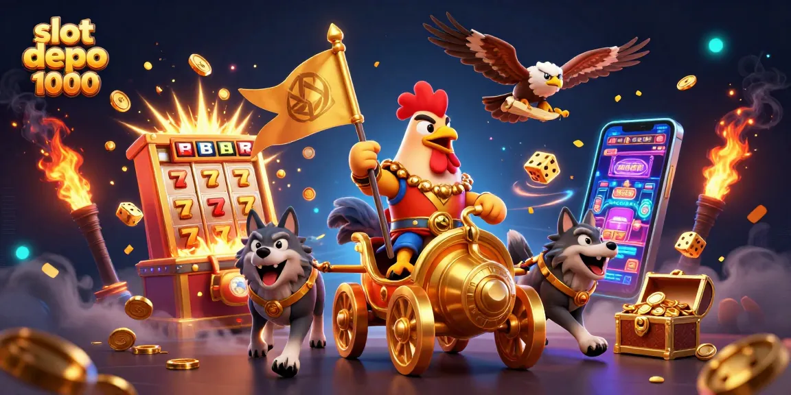 Experience the thrills of slot depo 1000 with the rooster warlord in a vibrant 3D casino scene.