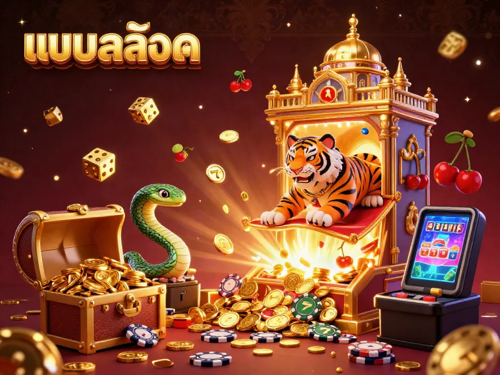 Engage with แบบสล็อต jackpot excitement featuring vibrant 3D casino elements and a tiger sultan on a flying carpet.