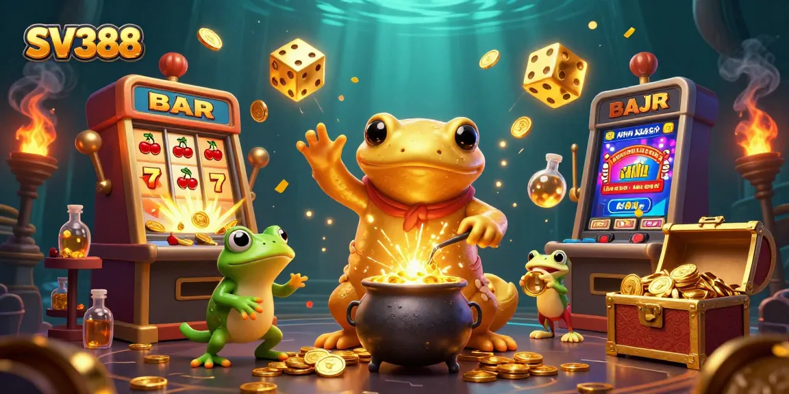 SV388 celebrates live cockfighting with dynamic action and gold coins appearing from a slot machine.