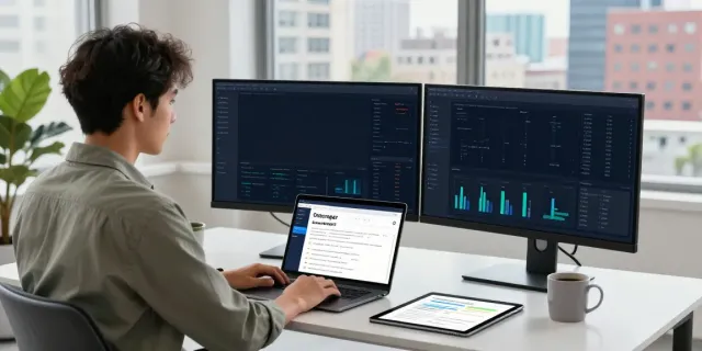 Data analyst using Outscraper software in a modern workspace with dual monitors.
