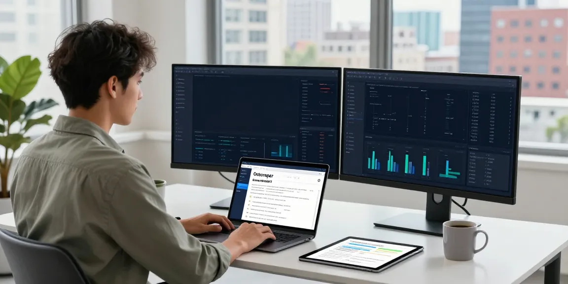 Data analyst using Outscraper software in a modern workspace with dual monitors.