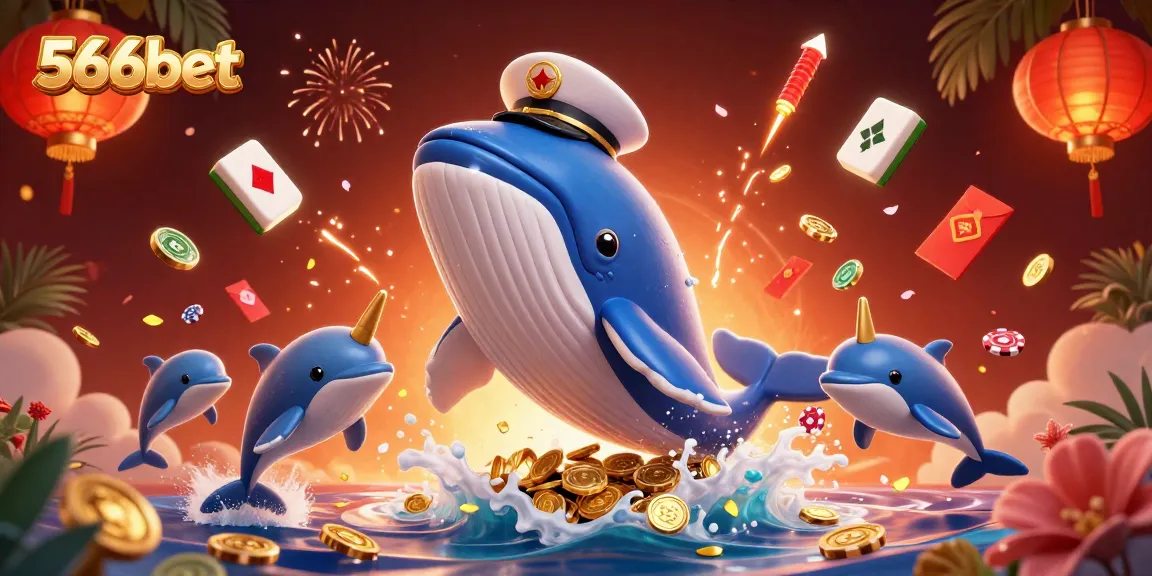 Play poker with excitement at 566bet featuring whales, coins, and vibrant 3D elements