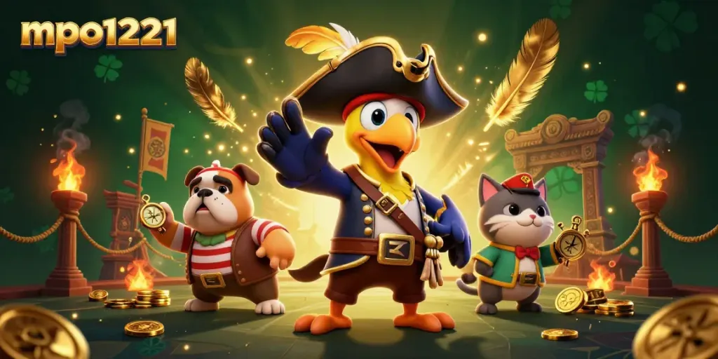 Engage with mpo1221 through a vibrant pirate-themed casino adventure illustration.