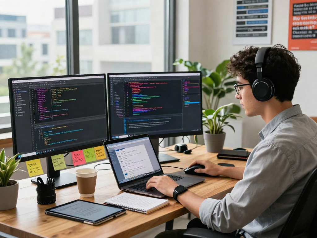 Pikashow software development workspace with vibrant coding screens and tech gadgets.