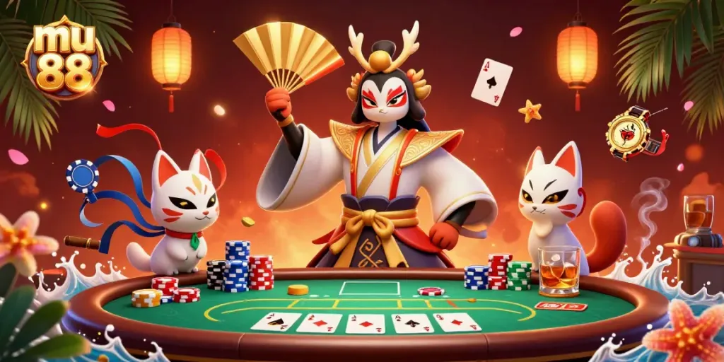 Engage in the vibrant world of mu 88 with a kabuki warrior and kitsune characters amidst a dynamic poker scene.