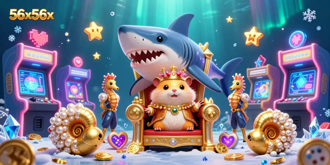 Experience vibrant gameplay with 56x56x, featuring a fierce golden hamster king and colorful arcade elements.