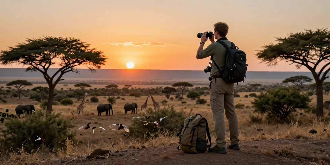 Traveler enjoying Kidepo Valley National Park safari with NAGA2000 at sunset, wildlife and vibrant scenery.