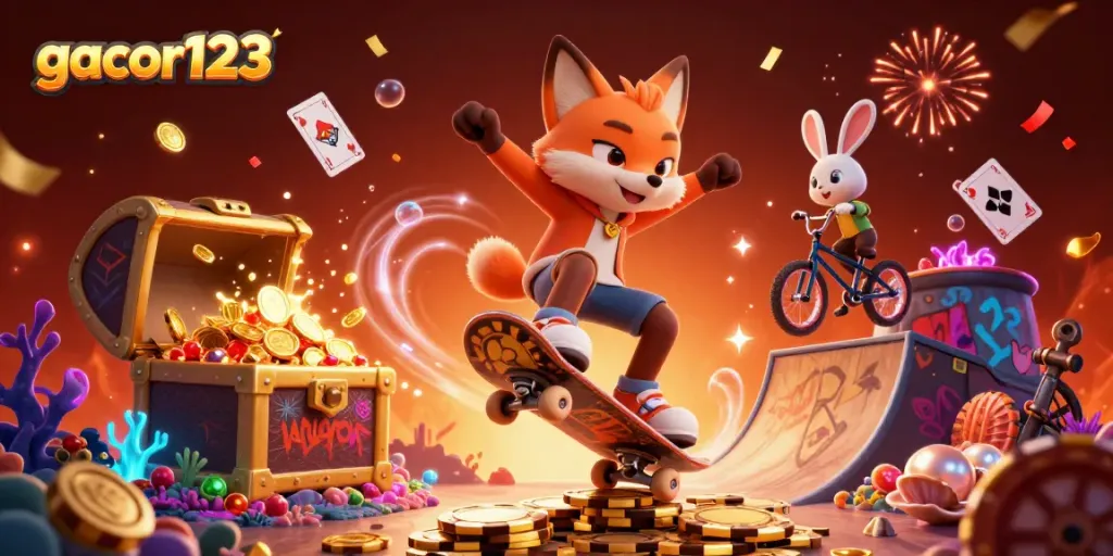 Experience fun betting on gacor123 with animated characters and casino game elements.