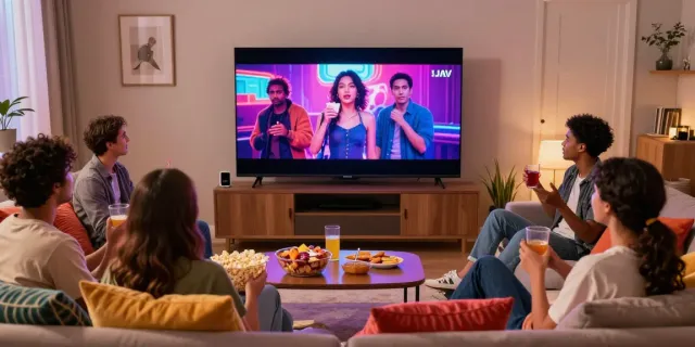 Friends enjoying a movie night with JAV subtitle Indonesia on a large TV.
