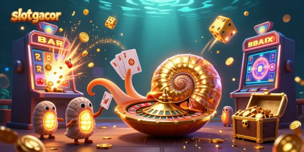 Experience the excitement of slot gacor gameplay with a stunning 3D illustration of a nautilus roulette wheel surrounded by vibrant casino elements.