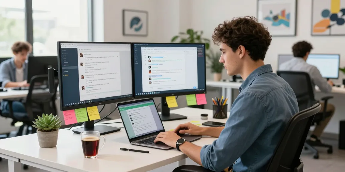 Engaged professional using WhatsApp網頁版 in a modern office setup, showcasing productivity.