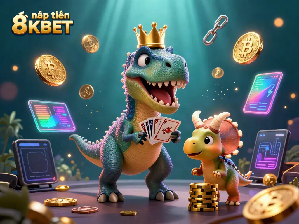 Engage in nạp tiền 8KBET with a cartoon T-Rex shuffling cards, golden chips stacked, and glowing crypto coins.