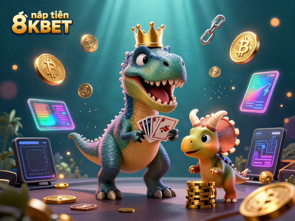 Engage in nạp tiền 8KBET with a cartoon T-Rex shuffling cards, golden chips stacked, and glowing crypto coins.