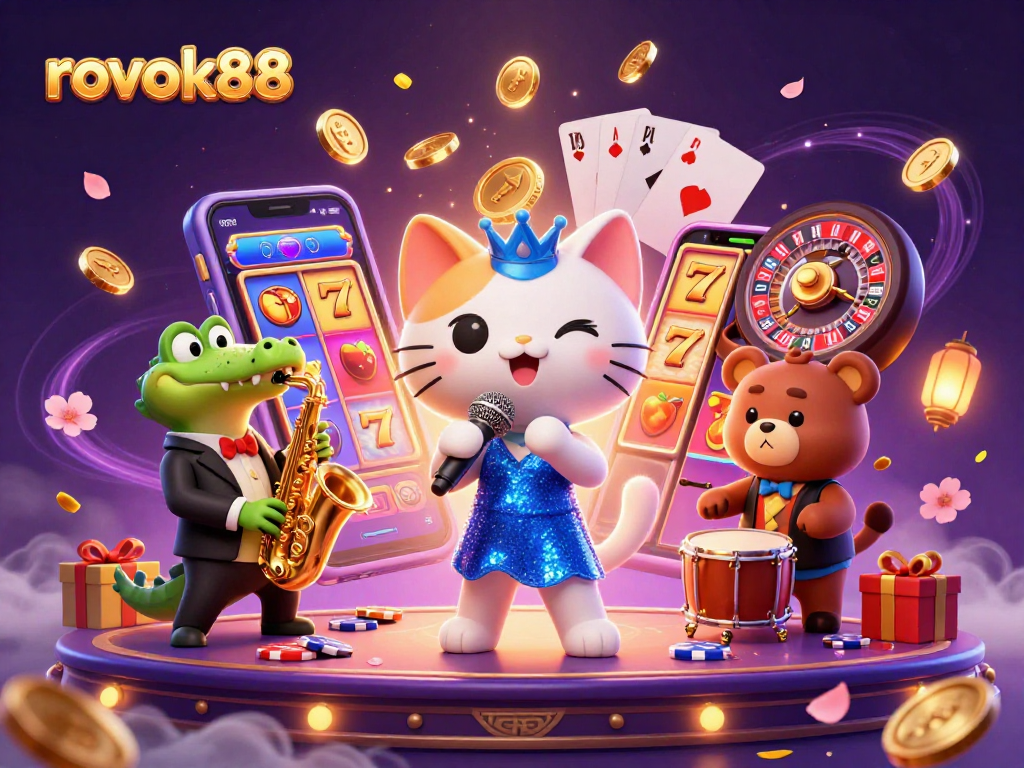 Experience the excitement of gambling with rokok88 featuring a jazzy cat and vibrant gaming elements.