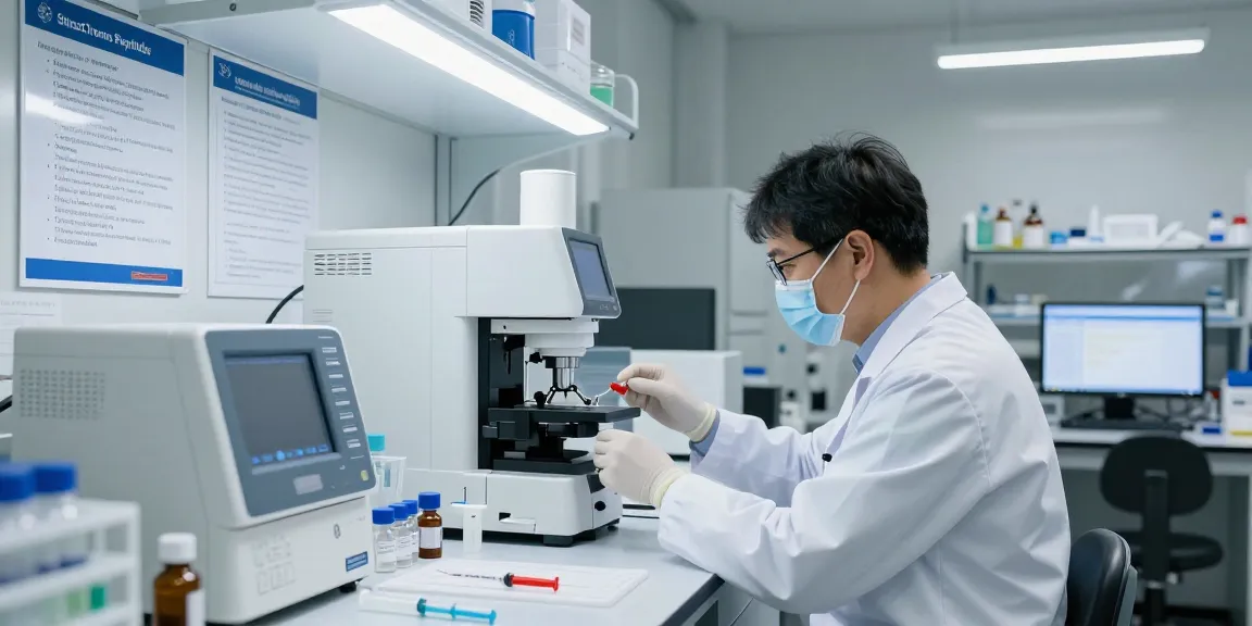 Scientist preparing SwissChems Peptides in a dynamic lab setting with advanced equipment.