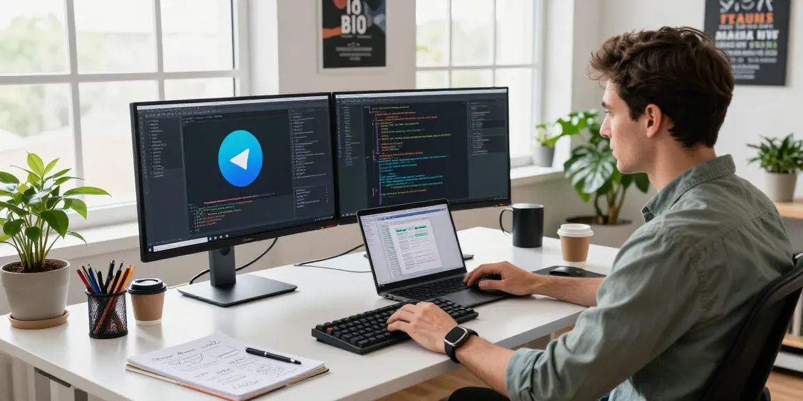 Developer coding on Telegram's 纸飞机中文版 interface in a modern workspace, filled with tech gadgets and bright light.