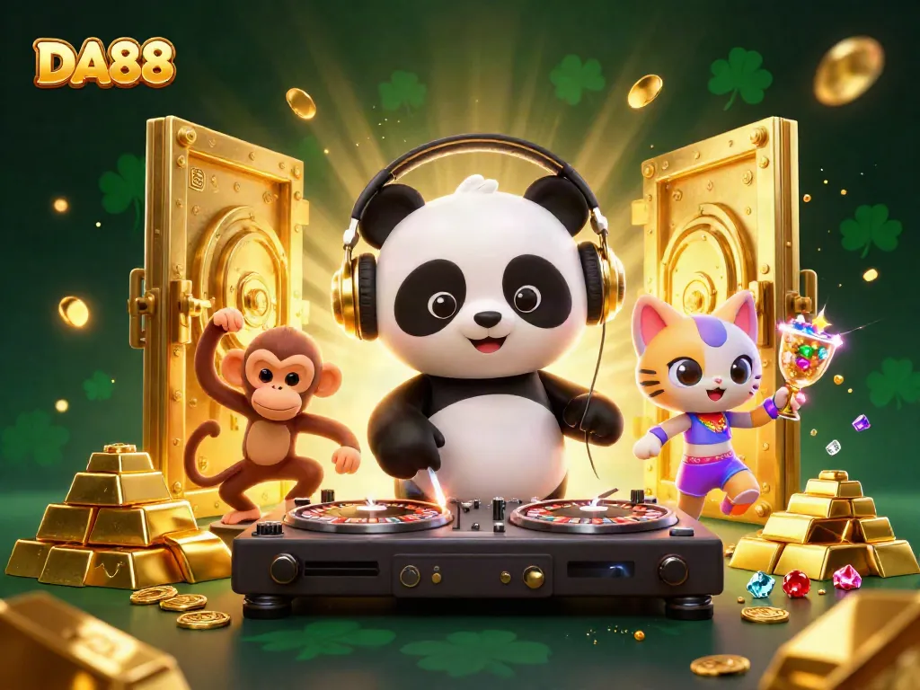 Experience the excitement of DA88 casino with vibrant characters dancing amid glittering treasures and festive atmosphere.
