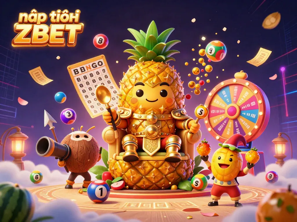 Engage in nạp tiền ZBET with a vibrant 3D illustration featuring a joyful pineapple king in a beach casino setting.