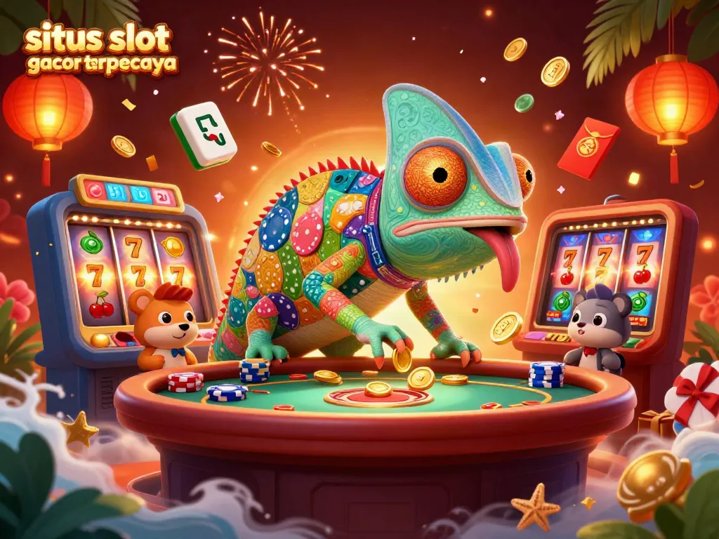 Engaging illustration of a chameleon casino owner amidst bright slot reels, promoting situs slot gacor terpercaya.