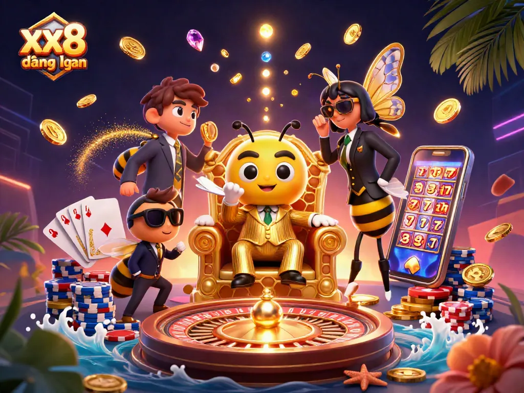 Experience xx8 đăng nhập with a cartoon bumblebee boss amid a vibrant casino scene.