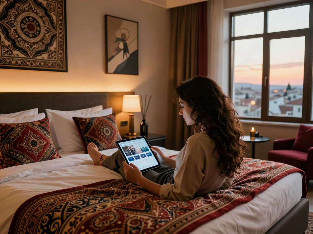 Diyarbakır escort hizmetlerini inceleyen şık bir kadının lüks otel odasında dinlendiği an.