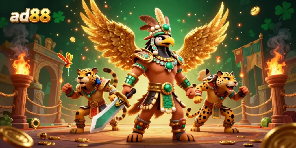 Engage with ad88's thrilling 4D gaming experience featuring warriors, gold coins, and dynamic elements.