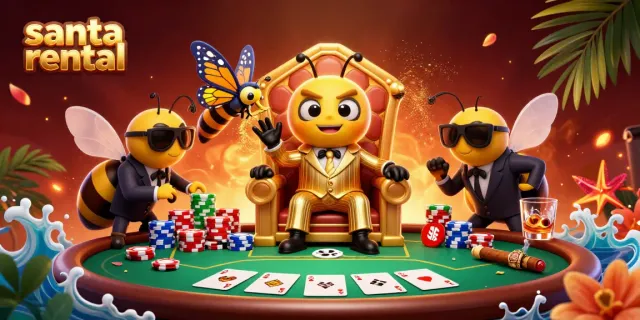 Engage with the thrilling world of santa rental at a vibrant poker scene featuring a cartoon bumblebee mob boss.