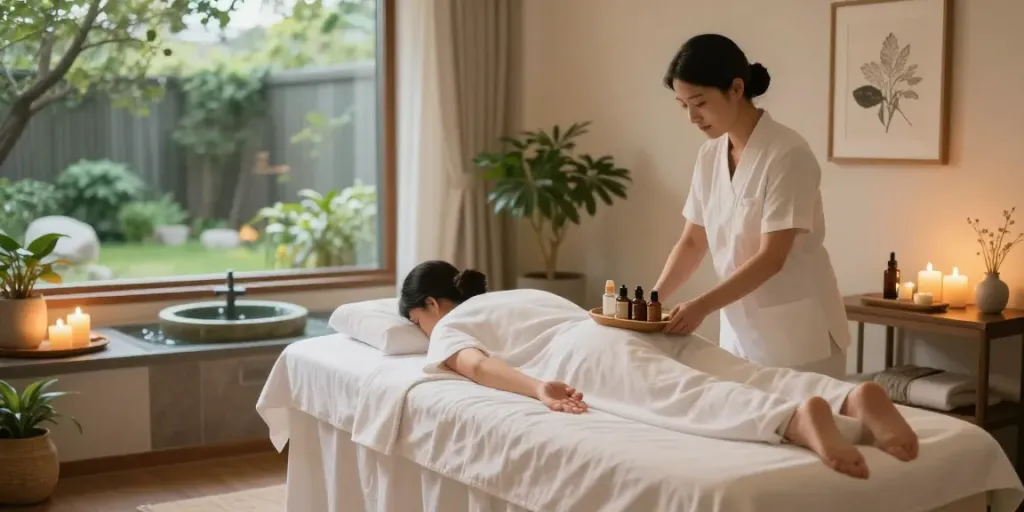 Relaxing 서울출장마사지 therapy room with aromatic candles, massage oils, and tranquil ambiance.