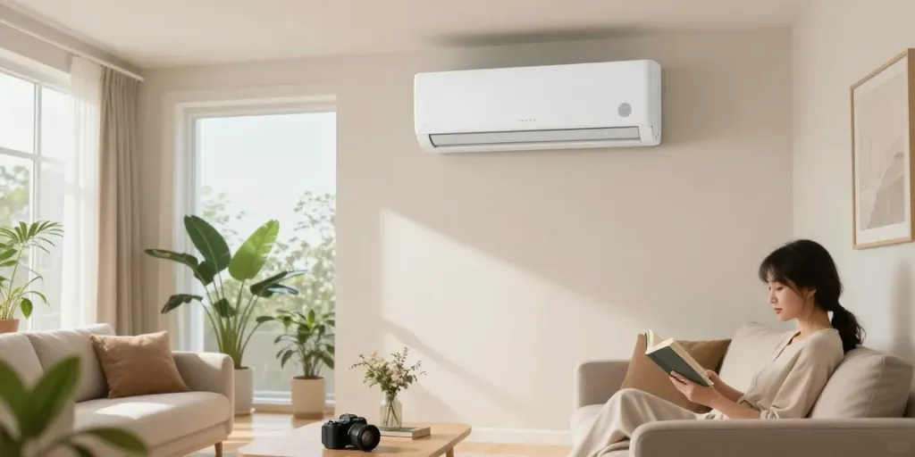 Cozy living room with a mini split air conditioner providing optimal comfort.