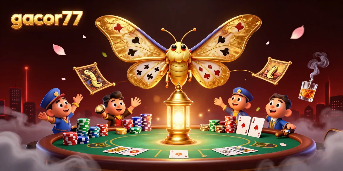 Gacor77 menghadirkan berbagai suasana kasino dengan kupu-kupu 3D dan alat permainan seperti meja poker dan tumpukan chip.
