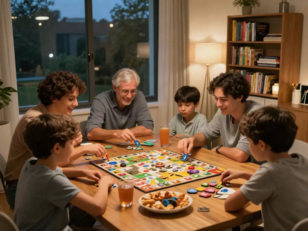 Enjoying board games with family around the table during game night