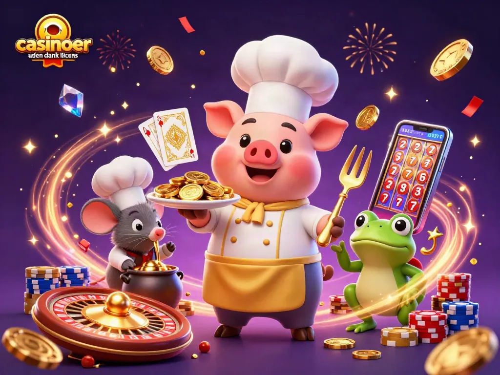 Experience the excitement of casinoer uden dansk licens with a chef pig serving golden coins amidst vibrant gaming elements.