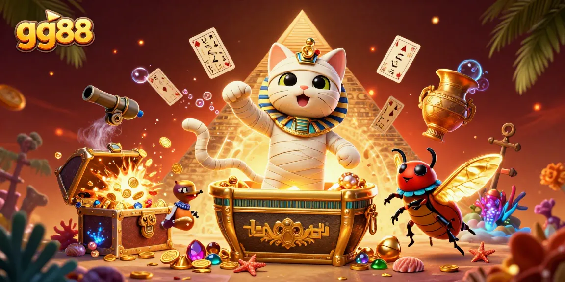 Engage with gg88's vibrant gaming world featuring an Egyptian mummy cat and glowing scarab in a stunning casino scene.