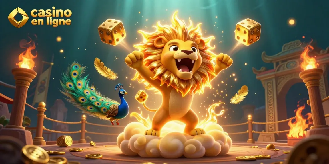 Jouez au casino en ligne avec excitation parmi des lions, des dés en or, et des effets de lumière captivants.