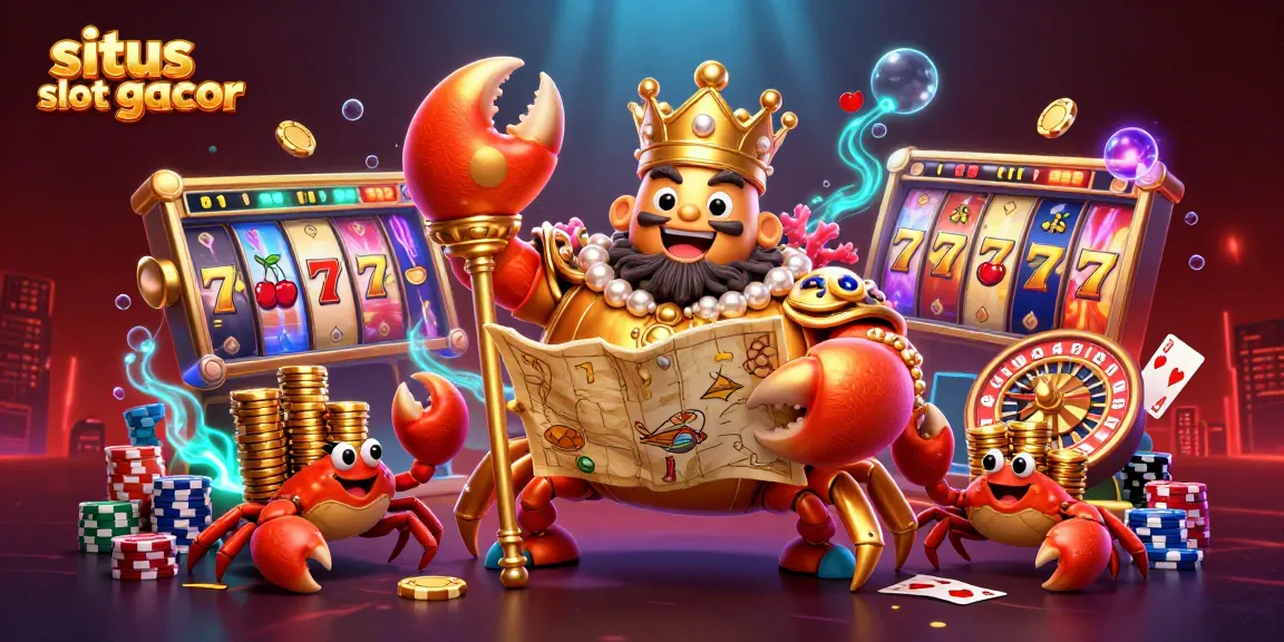 Situs slot gacor showcases a magnificent golden crab emperor amidst vibrant slot game elements, capturing the gaming excitement.