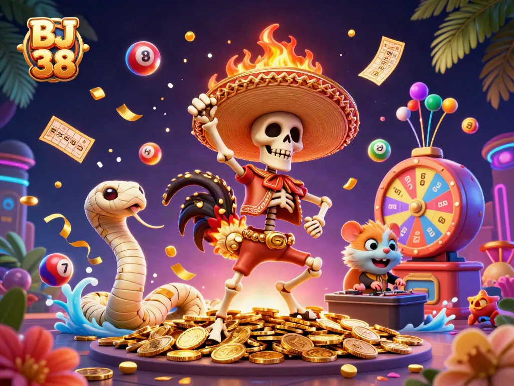 BJ 38 casino illustration showcasing a dancing mariachi rooster, mummy snake, and DJ hamster surrounded by vibrant lottery elements.