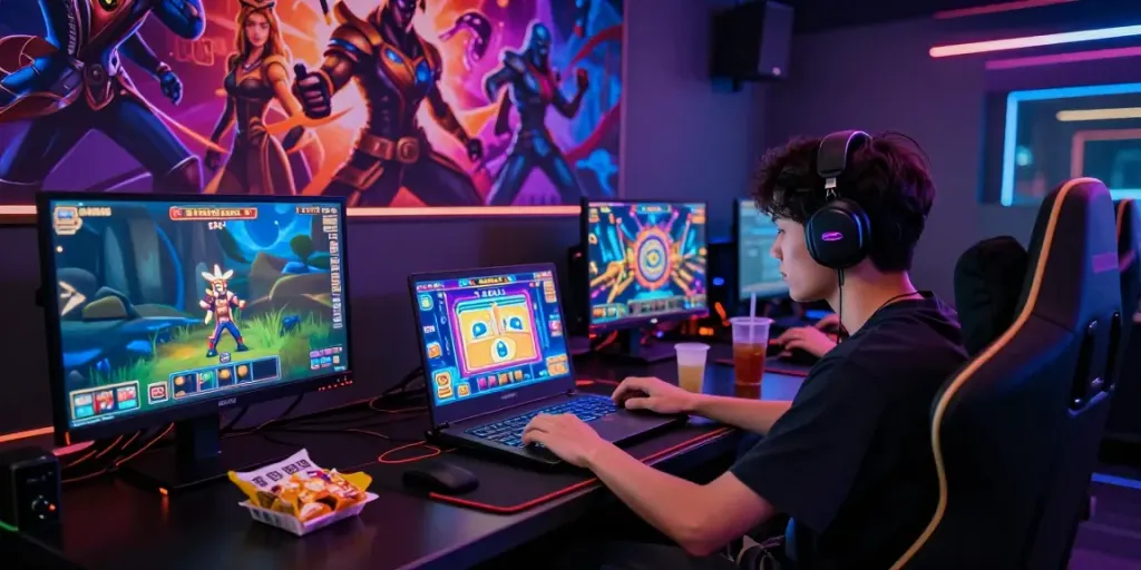 Pemain berfokus pada permainan slot online di laptop dengan cahaya RGB dan poster karakter.