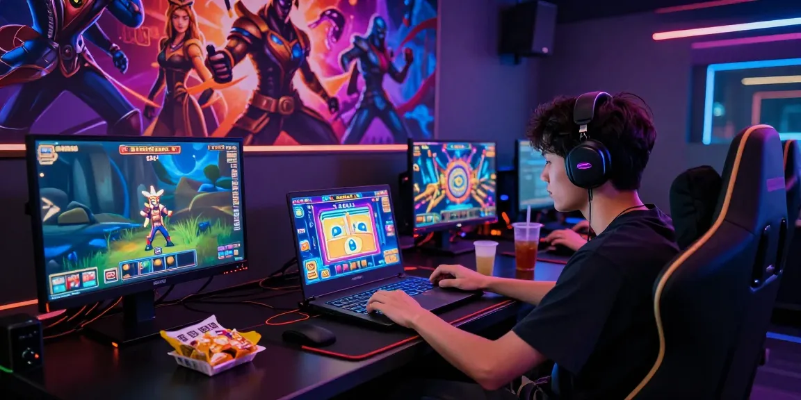 Pemain berfokus pada permainan slot online di laptop dengan cahaya RGB dan poster karakter.