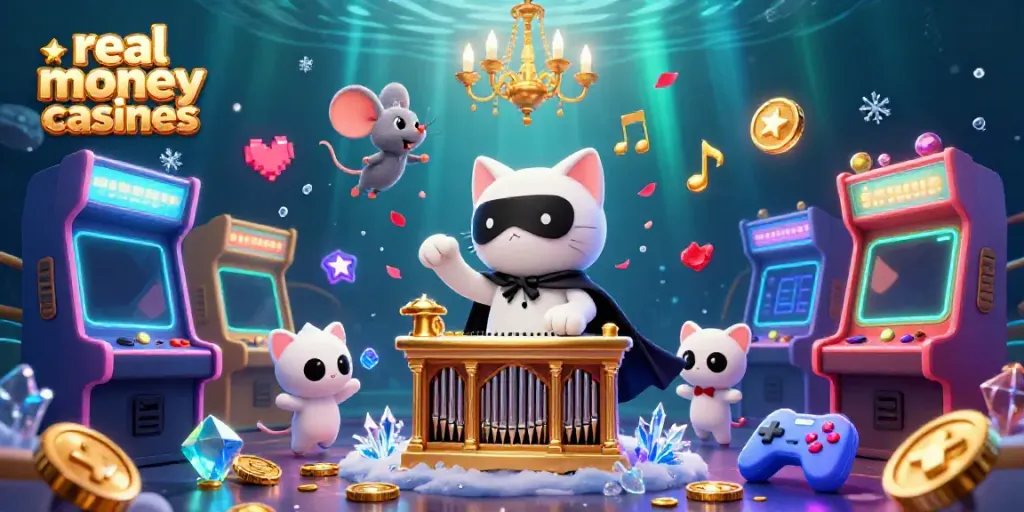 Engaging scene depicting real money online casinos with a phantom cat at an ornate organ amidst vibrant casino elements.
