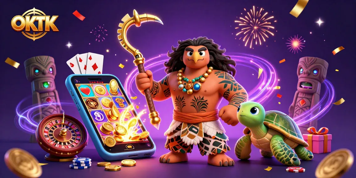 OKTK showcases thrilling slot gaming with a vibrant Polynesian-themed illustration.