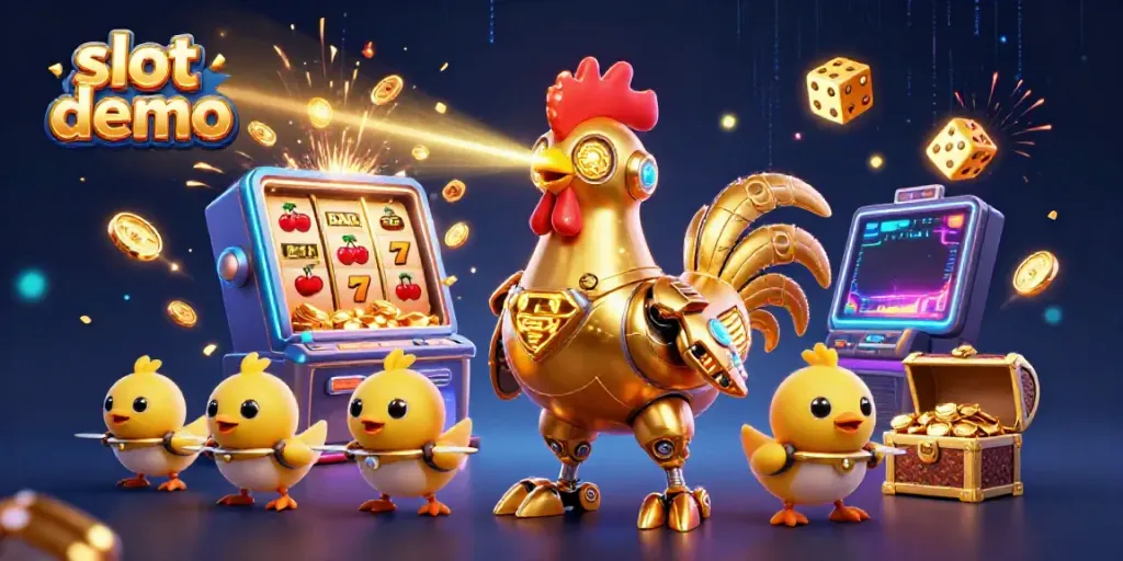 Demo slot yang menarik dengan karakter robot ayam, mesin slot, dan efek jackpot berlimpah.