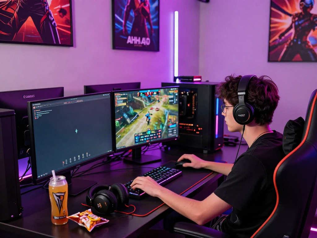 Engaging AHHA 4D online gaming atmosphere with vibrant PC setup and immersive elements.